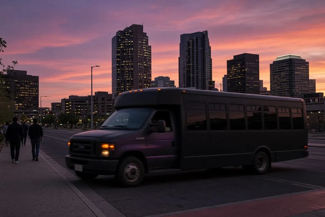 Black party bus driving through downtown Phoenix at dusk