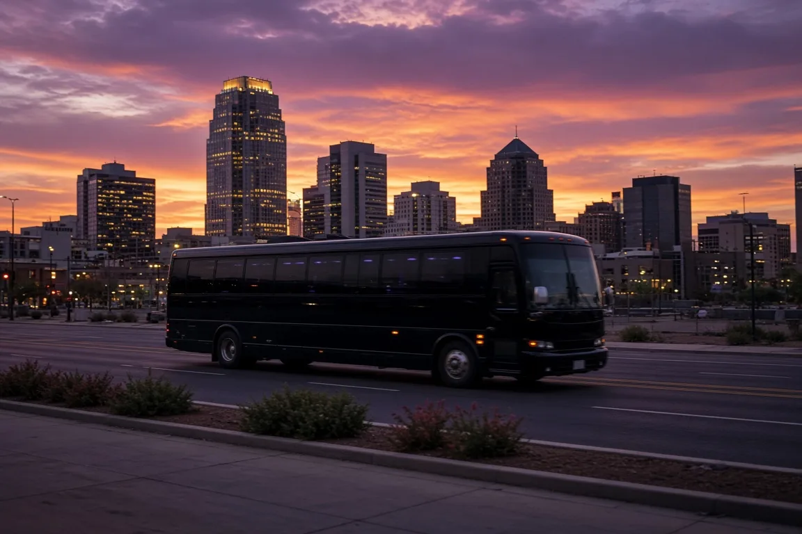 Black party bus driving through downtown Phoenix at dusk