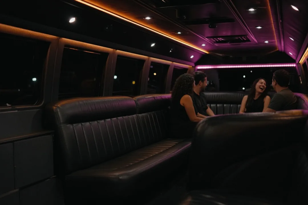 Friends laughing at the back of a party bus cabin lit in orange and magenta