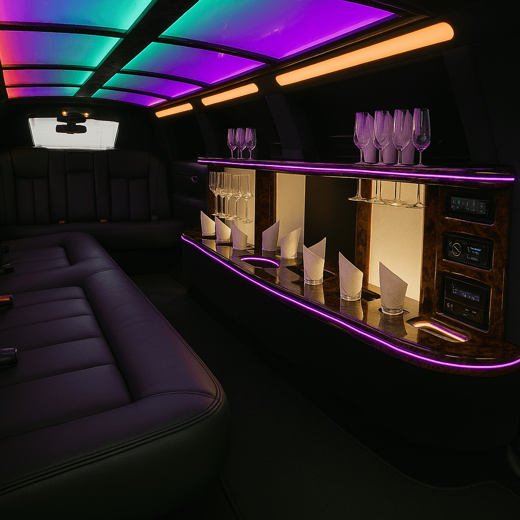 10-Passenger Stretch Limousine interior with leather seating and mood lighting