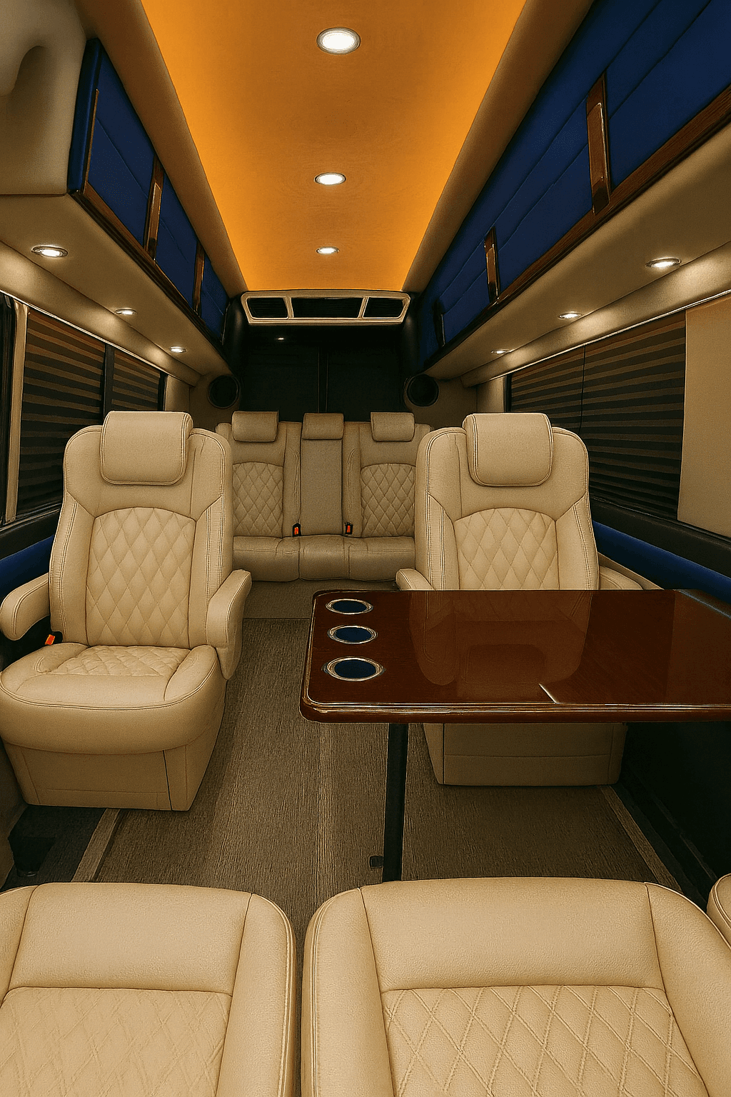 Interior of a 12-passenger executive Sprinter with forward-facing leather seats