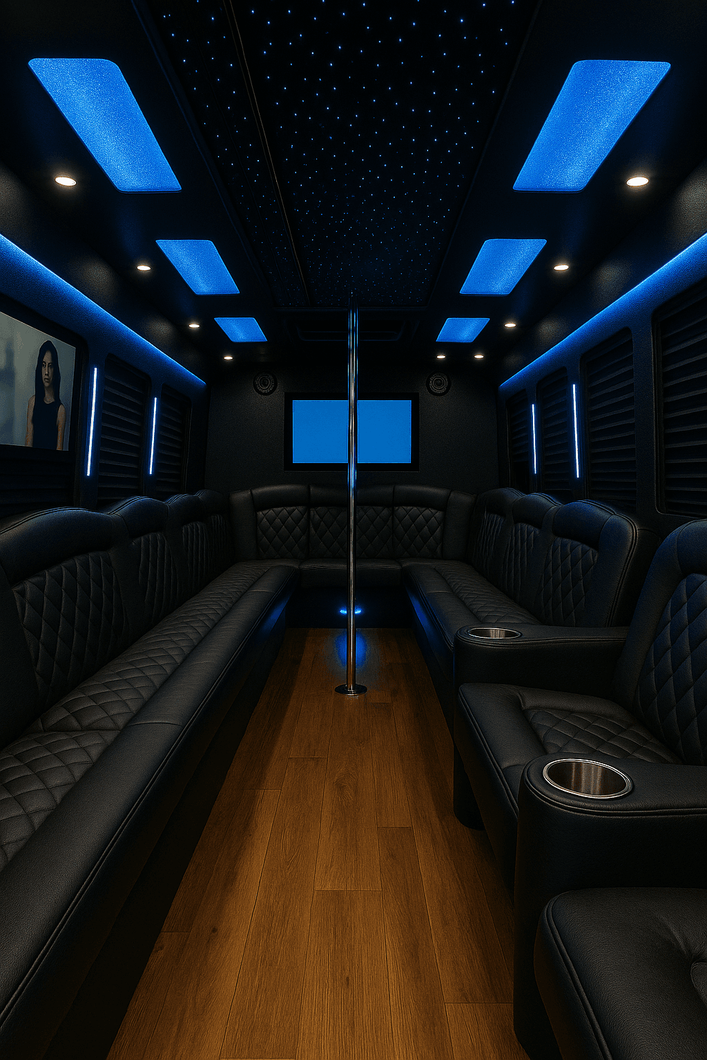 Interior of a 30-passenger party bus with wrap-around seating and LED lighting